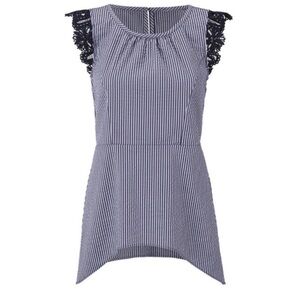 CAbi #5727 Olivia Lace Flutter Top Blue Seersucker Stripe Size Small Cap Sleeve